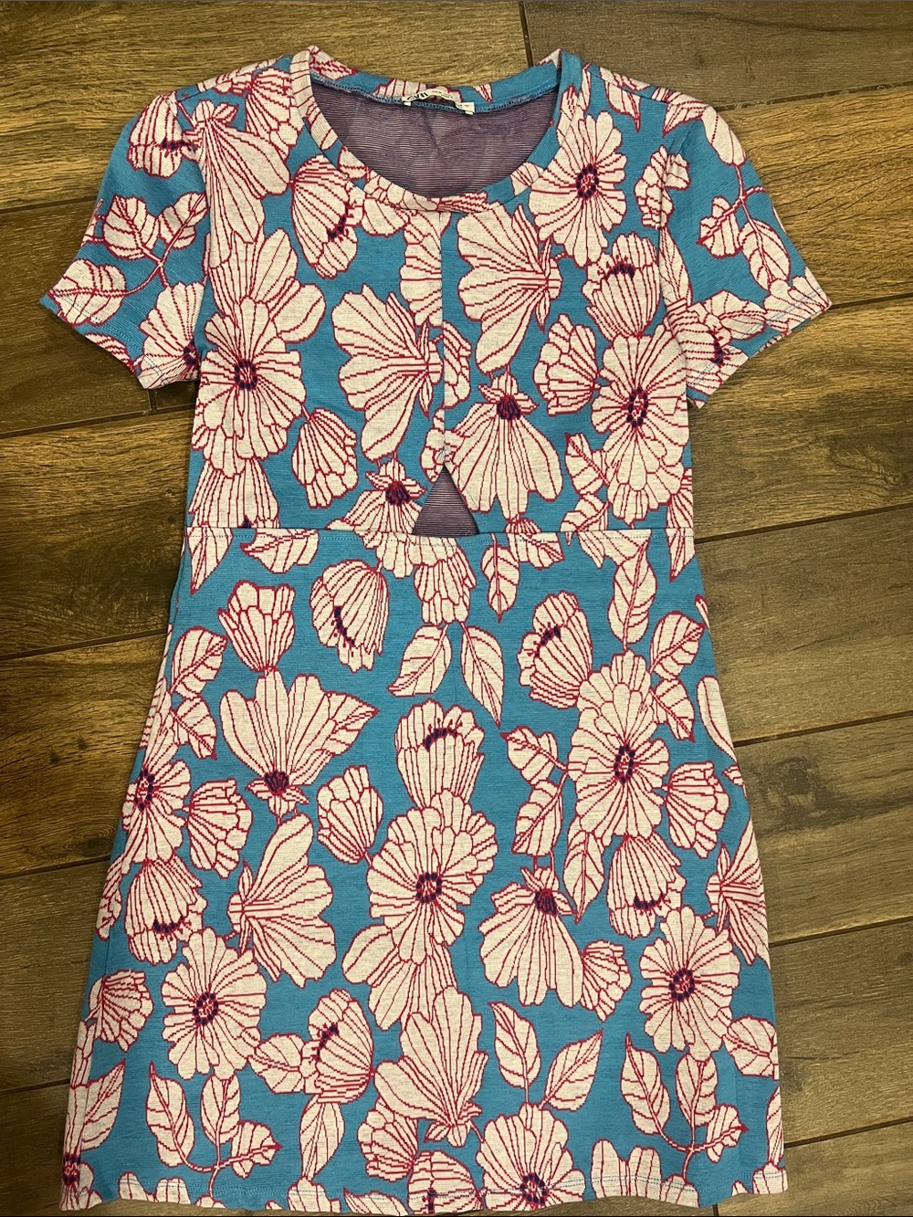 Zara Blue Dress with Pink Floral Print and Triangle Cutout